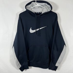 Nike Therma-Fit Hoodie Mens Size Large Navy White Mesh Swoosh Fleece Pullover